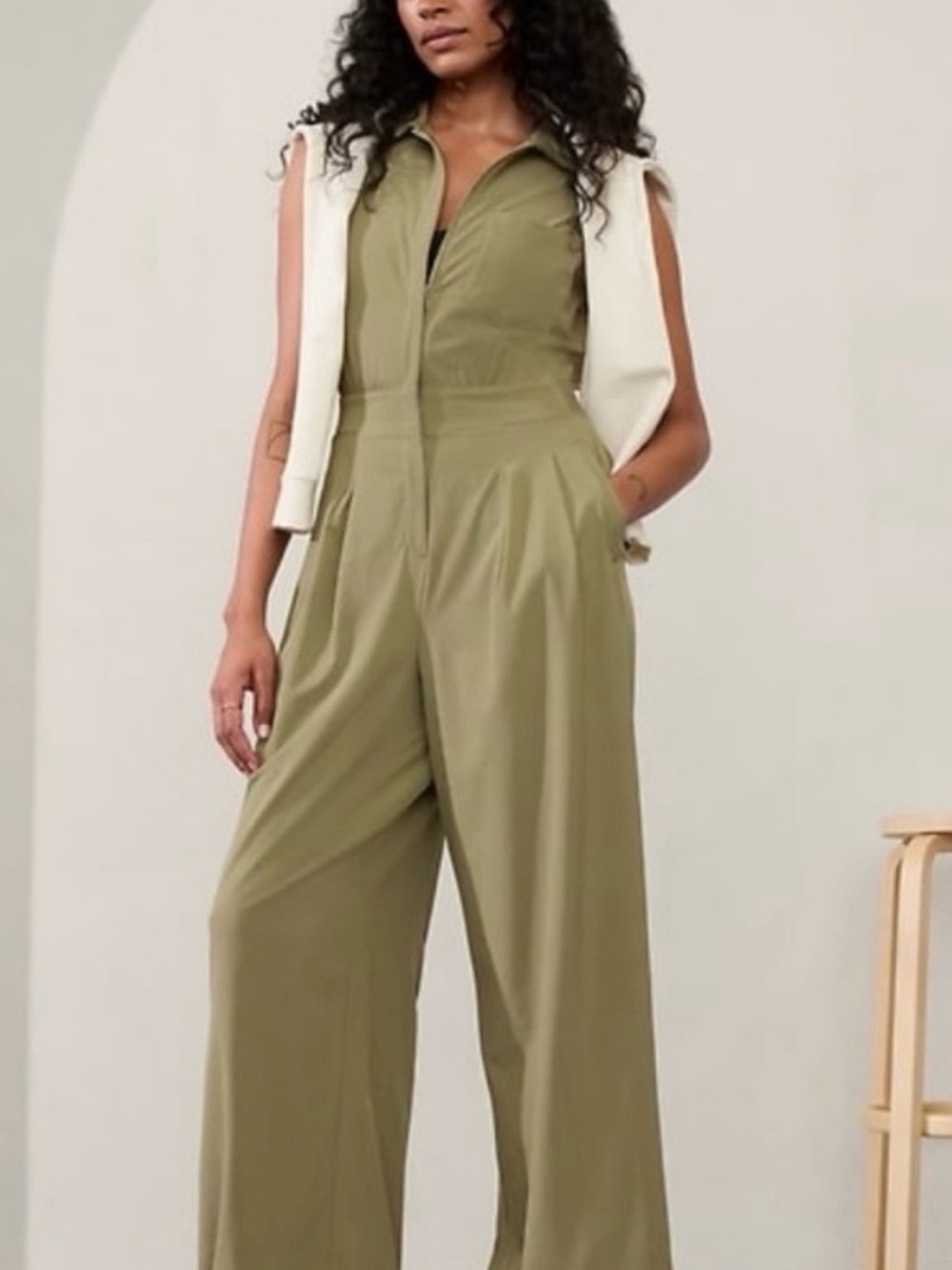 Athleta Olive Sleeveless Zip-Front Wide-Leg Jumpsuit
